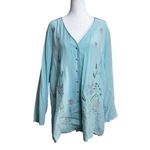 Silk Assets Diane Von Furstenberg Blue Floral Embroidered Silk Blouse NWT Large